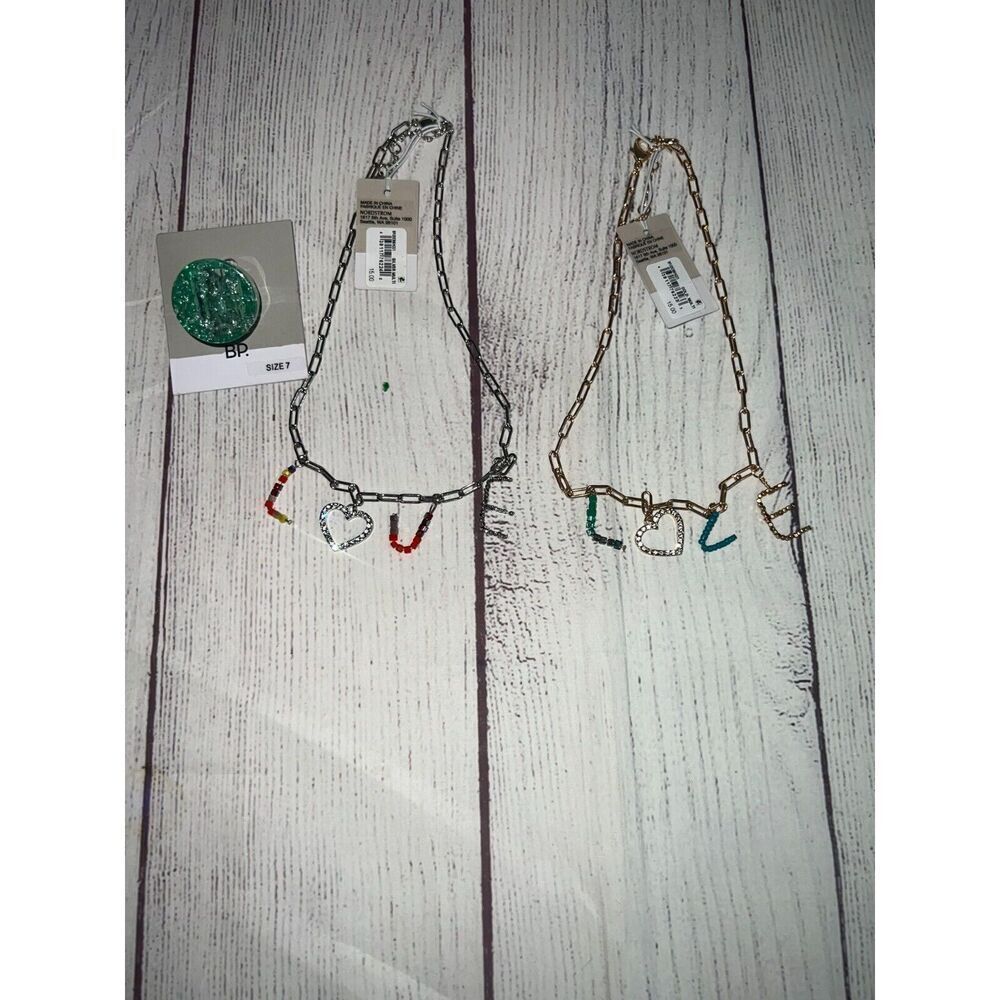 BP. 3 Piece Fashion Jewelry, Silver & Gold Necklaces Green Chunky Ring